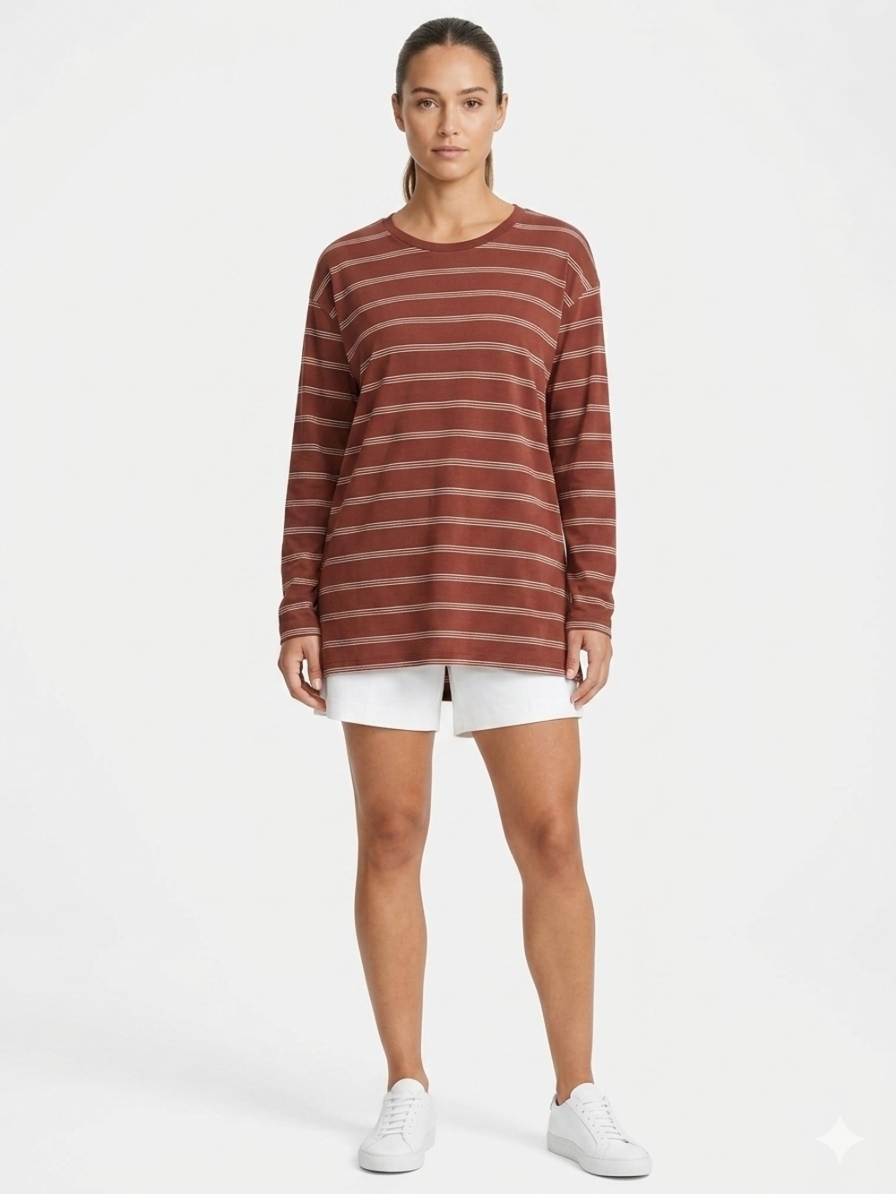 Women's Long Sleeve Striped Crewneck Tunic - Rust/Beige Up To Size 3XL